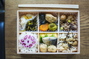 Bento box with traditional Japanese foods